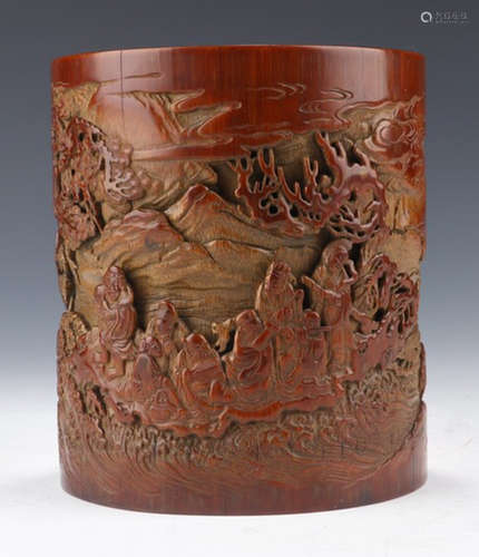 A BAMBOO CARVED BRUSH POT WITH FIGURE PATTERN