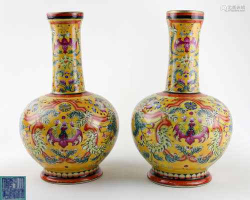 PAIR OF YELLOW GLAZE VASES WITH QIANLONG MARK