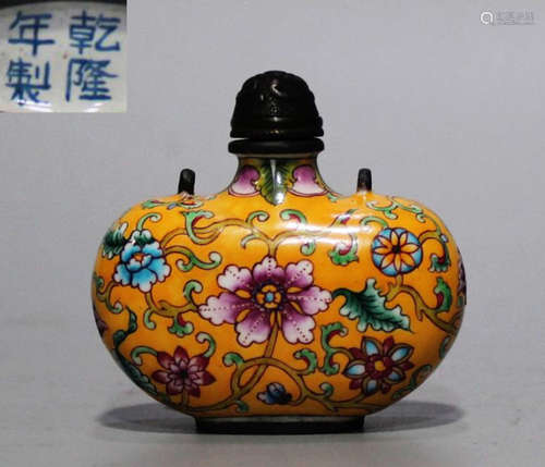 A COPPER SNUFF BOTTLE PAINTED WITH FLOWER PATTERN