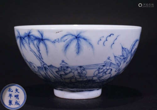 A BLUE&WHITE GLAZE CHILDREN PATTERN BOWL