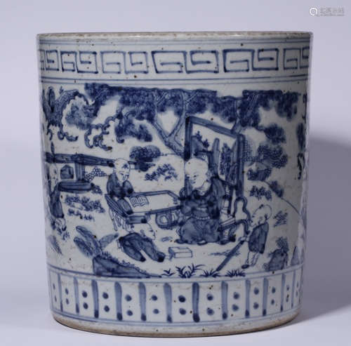 A BLUE&WHITE GLAZE BRUSH POT PAINTED WITH FIGURE STORY