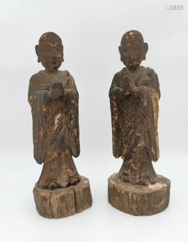 Pair of Chinese Wood Buddhist Figures, Ming Dynasty