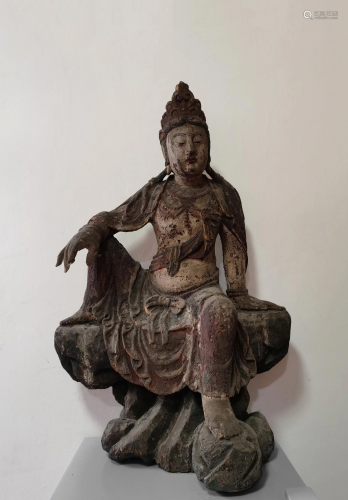 Large Chinese Wood Carving of Seated Guanyin
