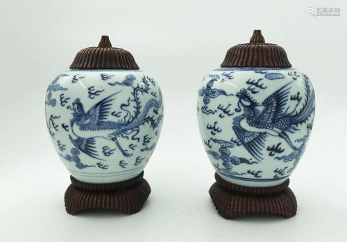 Pair of Chinese Blue and White Jars, Qing Dynasty