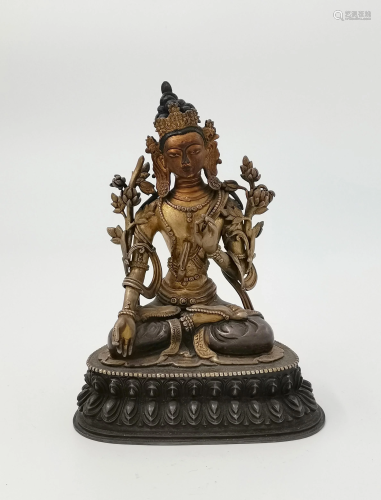 Sino-Tibetan Silver & Gilt Bronze Figure of Tara, Qing