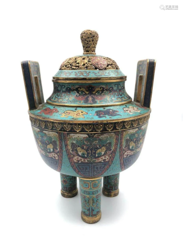 Chinese Cloisonne Enamel Tripod Vessel, Qing Dy…