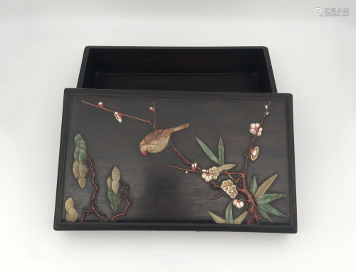 Chinese Zitan Lidded Box with 'Bird' Inlays, 20th c.