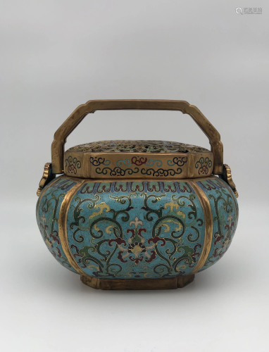 Chinese Cloisonne Enameled Box with Handle, 2…