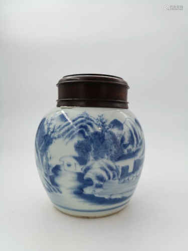 Chinese Blue and White Landscape Jar, Qing Dynasty