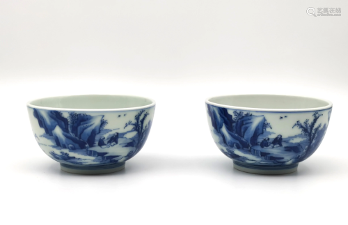 Pair of Chinese Blue and White 'Literati' Scene Bowls