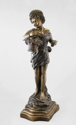 Vintage Bronze Sculpture of Child Holding Basket