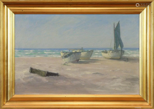 Oil on Canvas, Three Boats on Shore