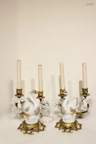 Pair of Porcelain &Bronze Candelabra w Swan