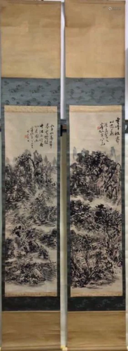 Pair of Chinese Ink Color Scroll Painting,Huang Bi
