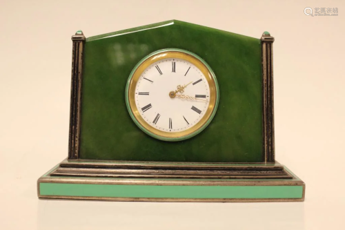 Art Deco Silver Enamel Jade Clock