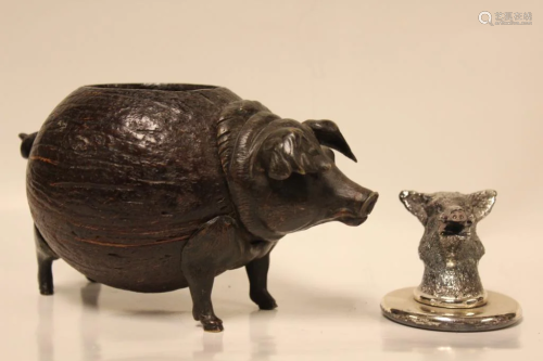 One Bronze Mount Pig and one Boar Paper Weight
