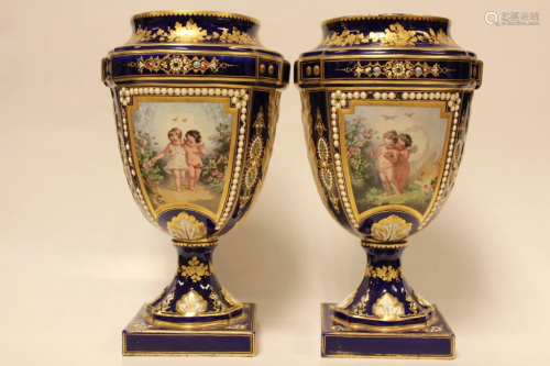 Two Fine Jeweled Serve Vases, 19th.C