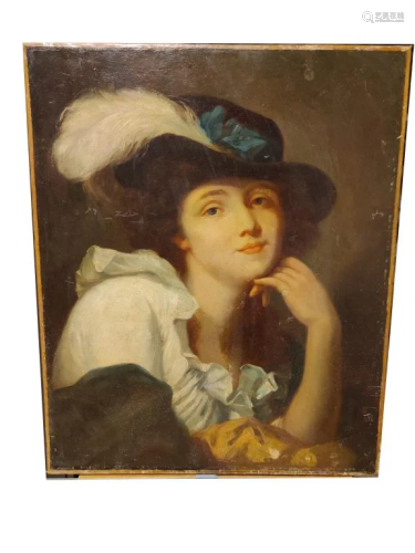 Oil on Canvas, Lady w Hat, 19th.C, Reline