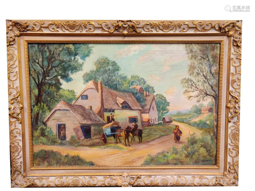 Oil on Canvas, Village Scene, Signed