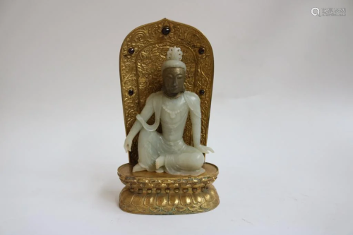 Chinese Jade Figurine w Gilt Bronze Case