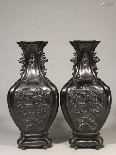 Chinese Zitan Wood Hand Carved Vases,Pair