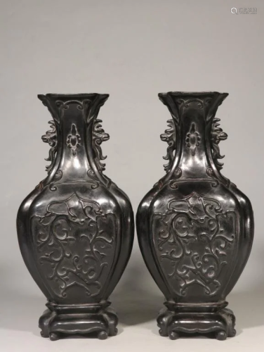 Chinese Zitan Wood Hand Carved Vases,Pair