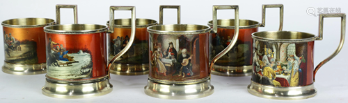 (lot of 6) A Russian silver gilt enameled tea holder