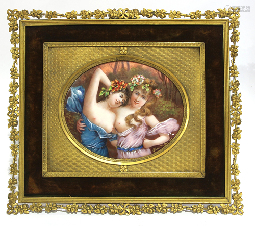 A framed French Art Nouveau Limoges enamel on …