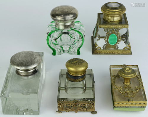 (lot of 5) A group of French or English glass inkwells