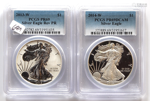 A pair of $1 Silver Eagle coins