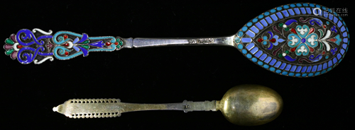 (lot of 2) A Russian enameled .84 silver spoon lot