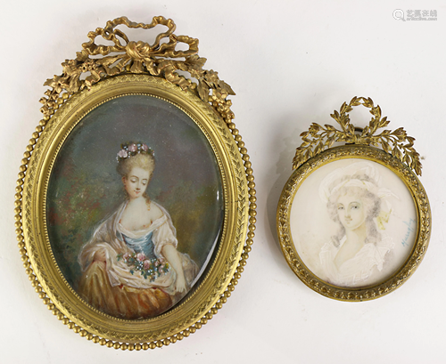 (lot of 2) Two framed miniature portraits of ladies