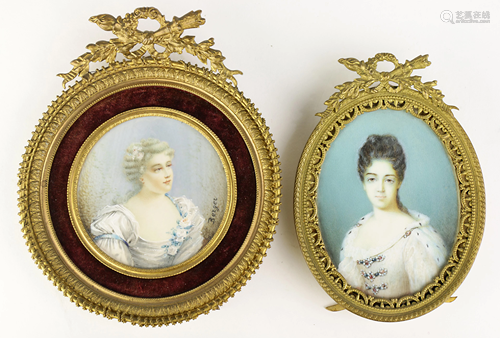 (lot of 2) Two framed miniature portraits of ladies