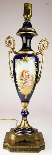 A Royal Vienna style lamp having an urn form