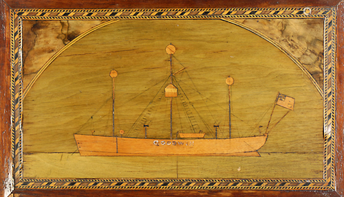 A Framed marquetry decorated scenic plaque