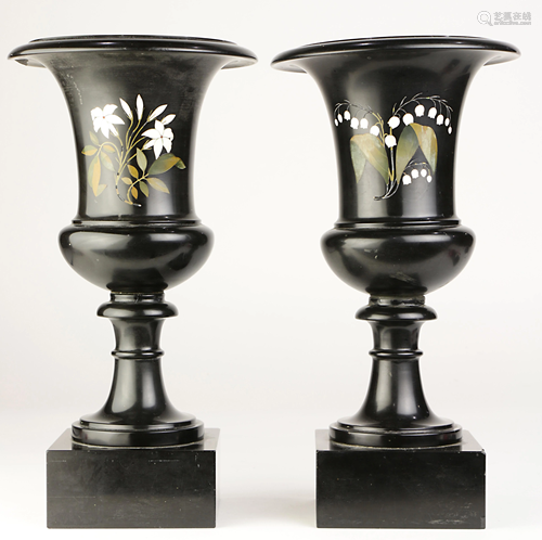 A pair of Victorian micro mosaic slate urns