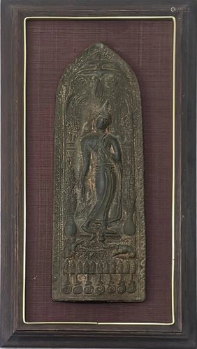 A Thai Buddhist bronze votive plaque, mounted in later