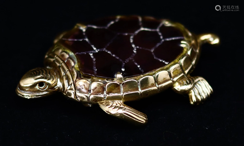 A Victorian brass turtle vesta case, mounted with