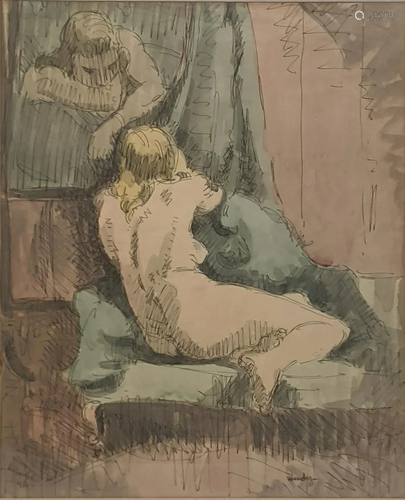 20th century Continental School, sitting nude study,