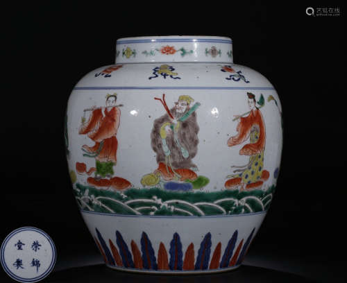 A FIVE COLOR GLAZE JAR PAINTED WITH 8 FIGURES