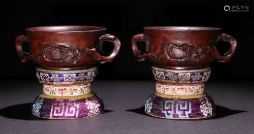 PAIR OF CHENXIANG WOOD CUP CARVED WITH FLOWER