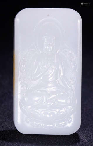 A HETIAN JADE TABLET CARVED GUANYIN BUDDHA