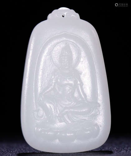 A HETIAN JADE TABLET CARVED WITH ZIZAI GUANYIN