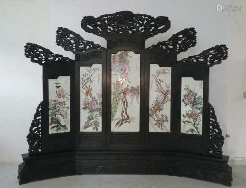 A ZITAN WOOD WITH PORCELAIN BOARD SCREEN