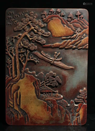 A SONGHUA STONE BOX CARVED WITH BOAT