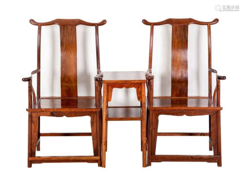 SET OF THREE HUANGHUALI CARVED CHAIR