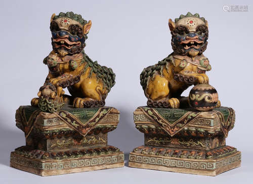 PAIR OF THREE COLOR GLAZE LIONS