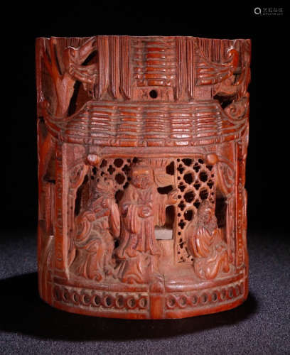 A BAMBOO BRUSH POT WITH FIGURE STORY