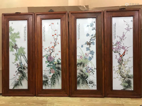 A PLUM ORCHID BAMBOO AND CHRYSANTHEMUM PORCELAIN BOARD PAINTING BY LIUYUCEN