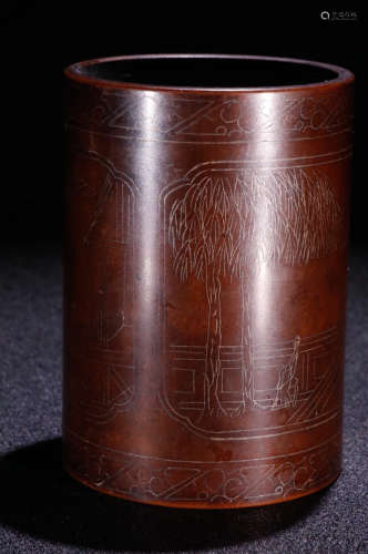 A COPPER BRUSH POT WITH FIGURE STORY